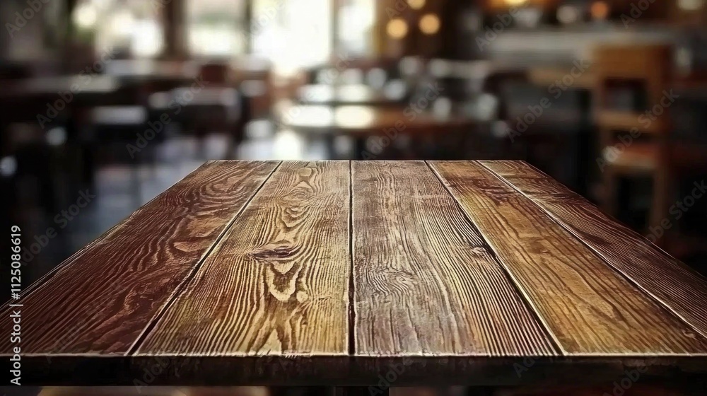 Rustic Wooden Tabletop in a Blurred Cafe Setting Rustic Wooden Tabletop in a Blurred Cafe Setting