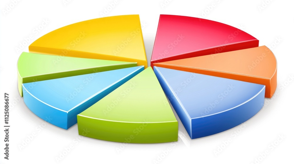 Obraz premium A rotating 3D pie chart with bold colors and segmented slices, representing different market shares. The chart is displayed against a white background with light reflections.