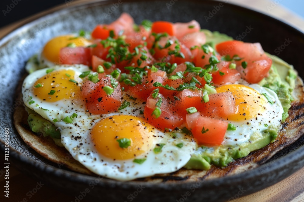Healthy breakfast bowl with rice, avocado, tomatoes and a fried egg seasoned with herbs and spices Healthy breakfast bowl with rice, avocado, tomatoes and a fried egg seasoned with herbs and spices