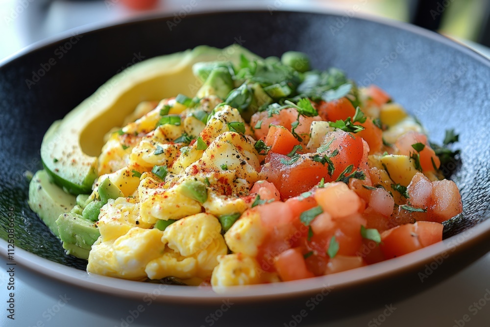 Bowl of scrambled eggs seasoned with paprika, accompanied by fresh avocado slices and diced tomatoes, making a nutritious and colorful breakfast Bowl of scrambled eggs seasoned with paprika, accompanied by fresh avocado slices and diced tomatoes, making a nutritious and colorful breakfast