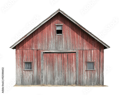 old rustic red wooden barn isolated on white background, weathered wood barn cutout png