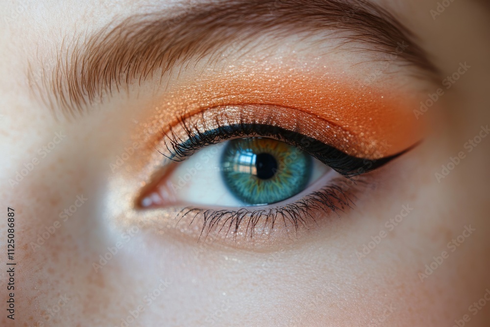 Obraz premium Macro shot highlighting orange eyeshadow and eyeliner enhancing a captivating light blue iris