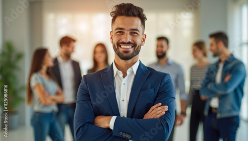 Confident young businessman smiling in formal wear with diverse team in background