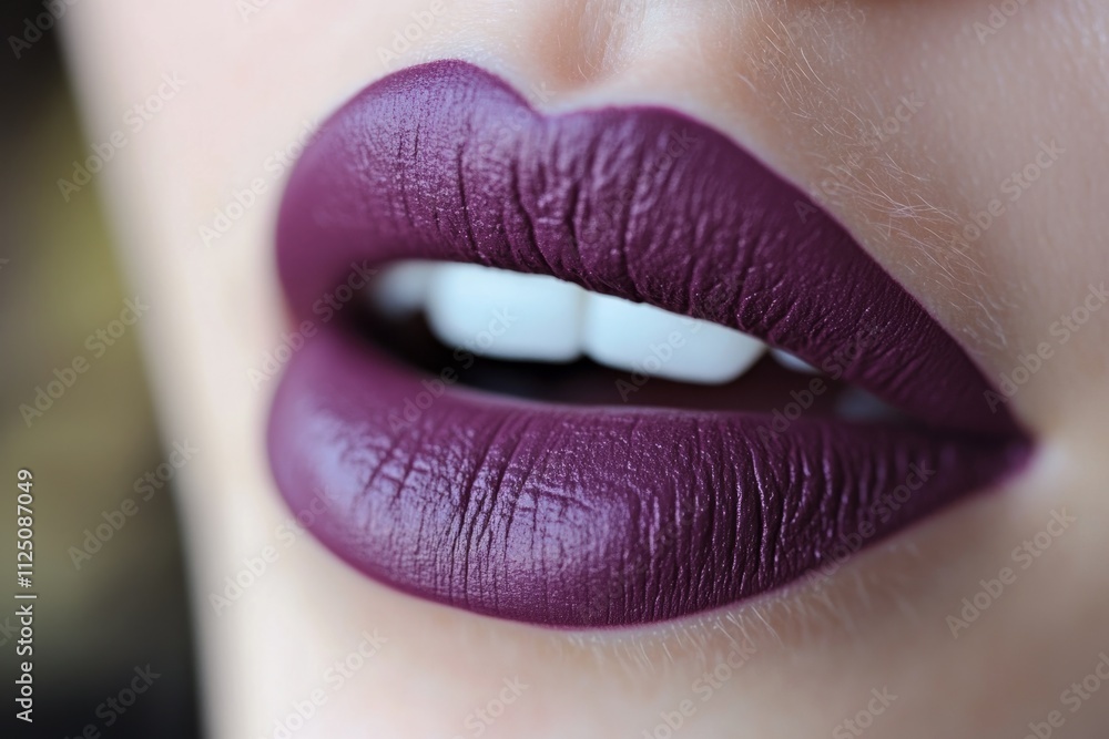 Close-up of perfect female lips with dark purple matte lipstick and white teeth Close-up of perfect female lips with dark purple matte lipstick and white teeth