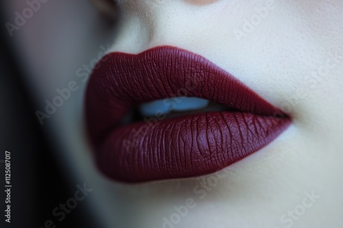 Close-up of perfect female lips painted with matte dark red lipstick photo