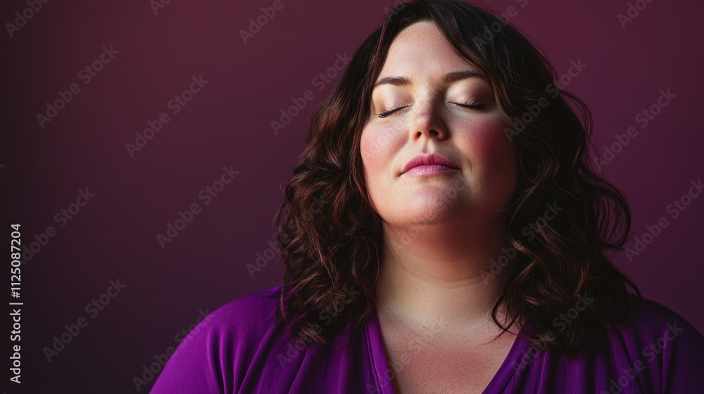 Woman in purple shirt with eyes closed against a matching purple background, conveying peace and relaxation. Woman in purple shirt with eyes closed against a matching purple background, conveying peace and relaxation.