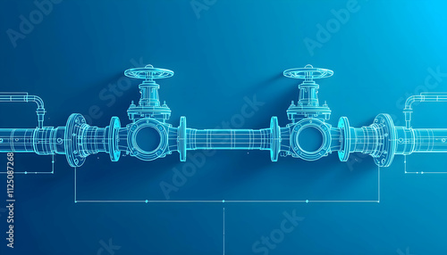 Industrial Pipeline System: Detailed Wireframe Engineering Design of Dual Valves and Pipe Connections