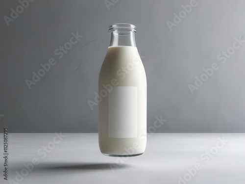 A minimalist glass bottle of milk captured against a plain backdrop, emphasizing purity and freshness.