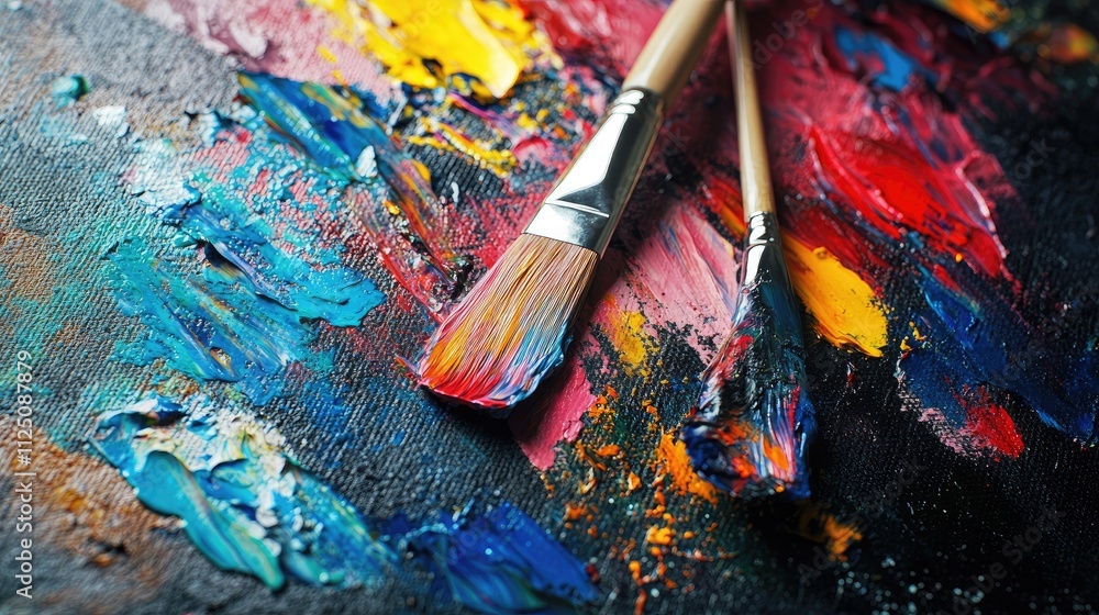 Fototapeta premium Close-up of vibrant paint and two artist brushes on a textured canvas surface.