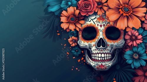 Illustration of Day of Dead skull wearing flowers 