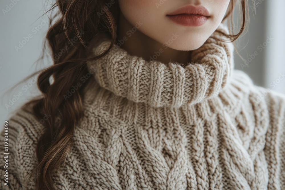 Close-up of a woman wearing a warm and cozy beige cable knit turtleneck sweater, perfect for the winter season Close-up of a woman wearing a warm and cozy beige cable knit turtleneck sweater, perfect for the winter season