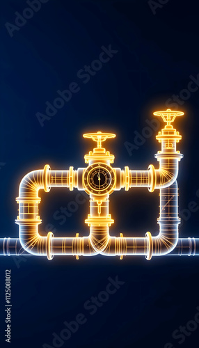 Illuminated Industrial Pipeline System:  Abstract Wireframe Render of Valves and Pipes in Glowing Orange and Blue photo