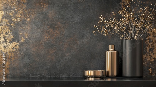 Elegant Golden Vase with Floral Bouquet on Reflective Backdrop