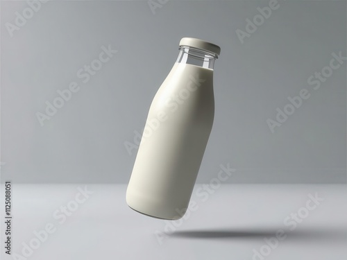 A minimalist style image of a glass bottle filled with fresh milk, suspended in the air against a smooth background. photo