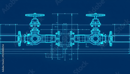 Engineering Blueprint: Detailed Technical Drawing of Industrial Valves and Pipe System