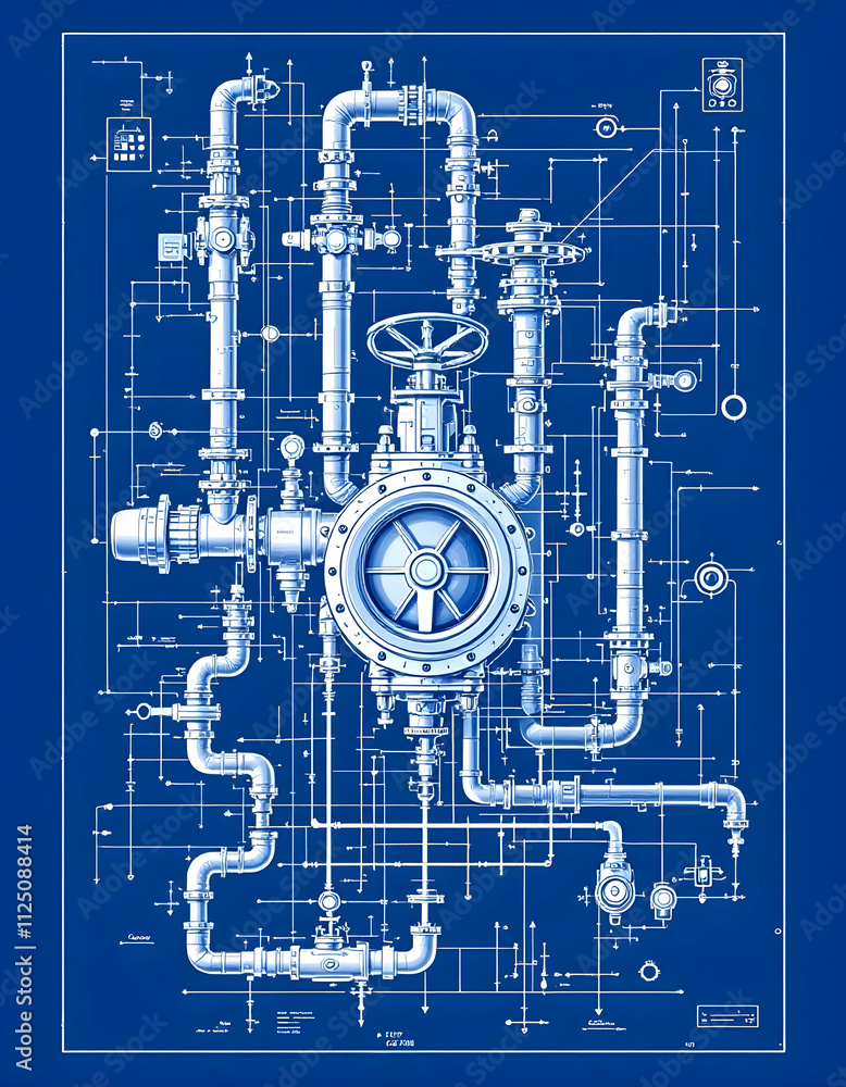Intricate Industrial Piping System Blueprint: A Detailed Engineering Diagram of Complex Machinery and Valves Intricate Industrial Piping System Blueprint: A Detailed Engineering Diagram of Complex Machinery and Valves