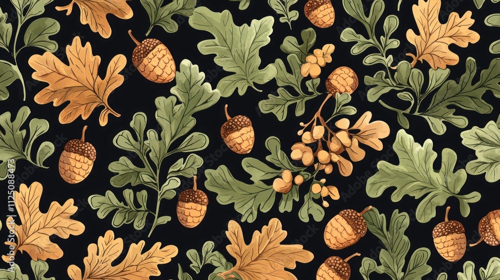 A seamless background pattern featuring acorns and oak leaves. A seamless background pattern featuring acorns and oak leaves.