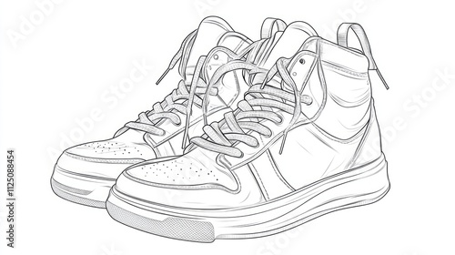 Stylish high-top sneakers in a detailed sketched illustration, showcasing lace-up design and modern flair. photo