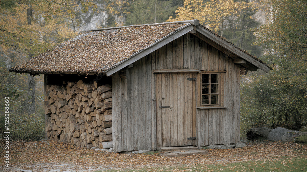 rustic wooden shed with thatched roof, surrounded by autumn foliage, offers plenty of space for adding text or graphics. stacked firewood adds charm to this serene setting rustic wooden shed with thatched roof, surrounded by autumn foliage, offers plenty of space for adding text or graphics. stacked firewood adds charm to this serene setting