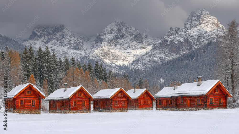 Fototapeta premium Cozy wooden cabins in snowy landscape with majestic mountains in background create serene winter scene. Perfect for winter retreats and nature lovers