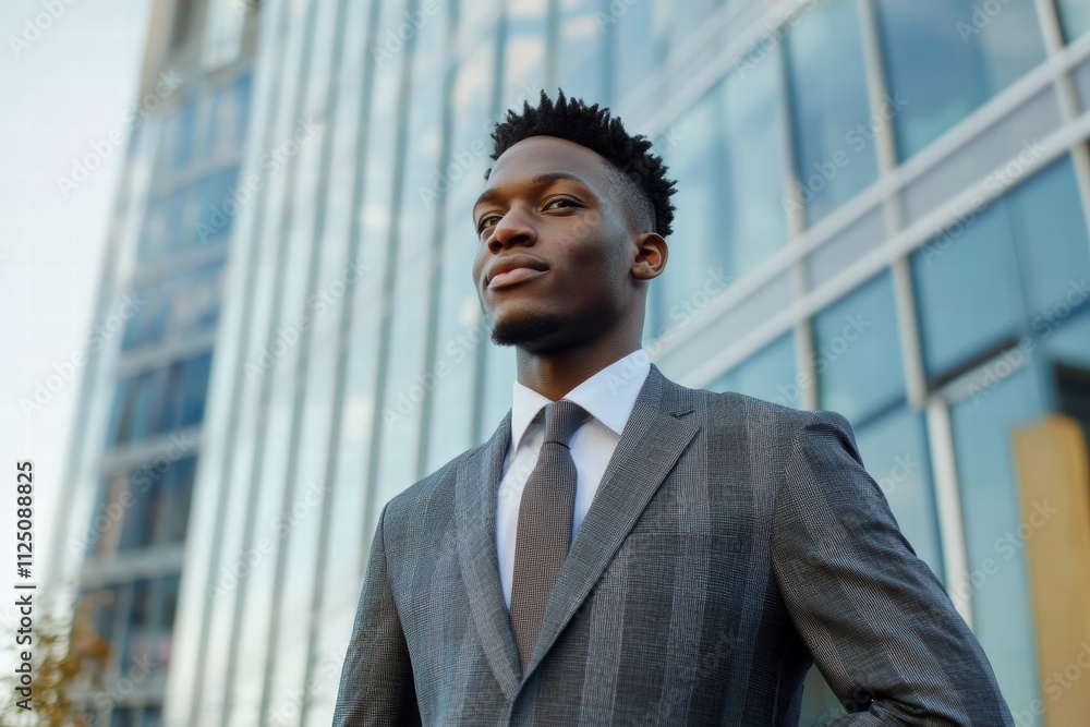 Stylish man in modern suit stands confidently near contemporary office buildings at dusk Stylish man in modern suit stands confidently near contemporary office buildings at dusk