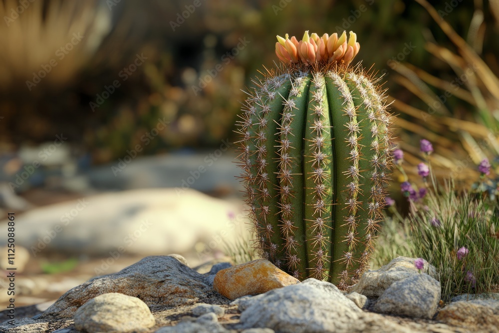 Cactus with orange flowers growing in a rocky desert environment Cactus with orange flowers growing in a rocky desert environment