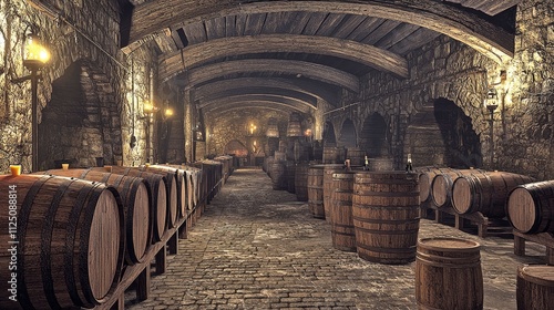 Expansive Cellar Warehouse with Rows of Aging Wine Casks and Barrels photo