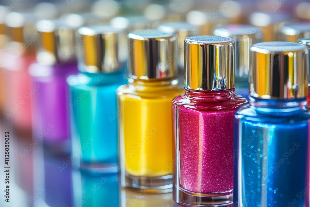 Many nail polish bottles standing in a row, creating a vibrant display of color Many nail polish bottles standing in a row, creating a vibrant display of color