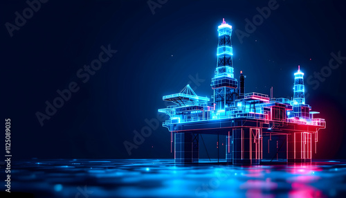 Futuristic Offshore Oil Rig Digital Rendering Neon Blue Red Wireframe 3D Model Energy Industry Technology Innovation