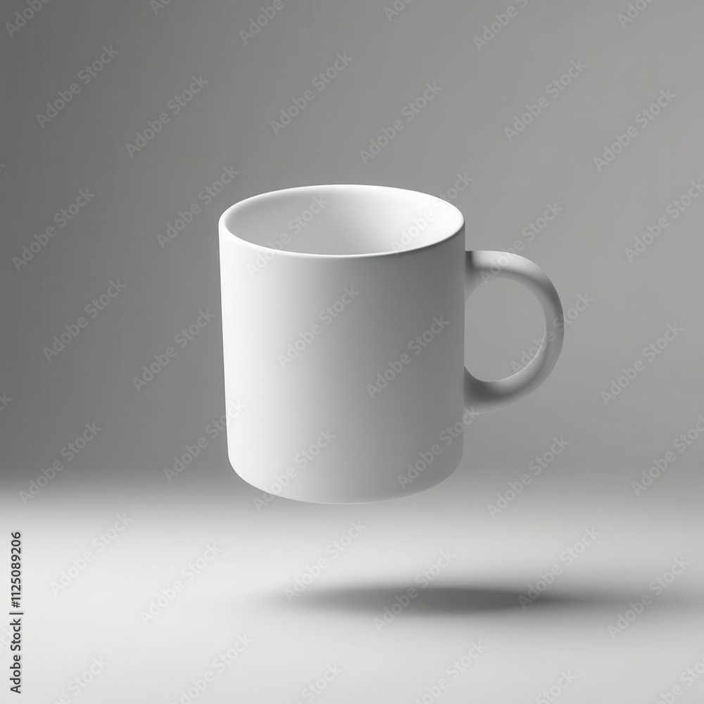 A minimalist white mug floats against a soft grey background, ideal for showcasing your design or branding ideas. A minimalist white mug floats against a soft grey background, ideal for showcasing your design or branding ideas.