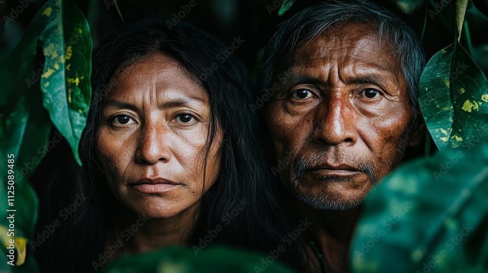 Indigenous Couple Portrait Framed By Lush Green Foliage Indigenous Couple Portrait Framed By Lush Green Foliage