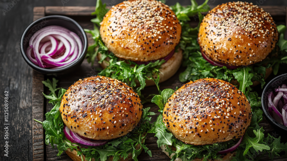 Freshly baked sesame seed burger buns with lettuce and red onion, arranged on wooden platter, create delicious and inviting presentation for any meal Freshly baked sesame seed burger buns with lettuce and red onion, arranged on wooden platter, create delicious and inviting presentation for any meal