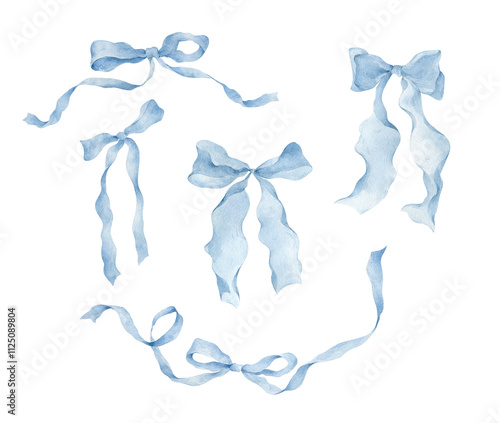 Set of 8 decorative elements of Vintage Watercolor Blue Bows 