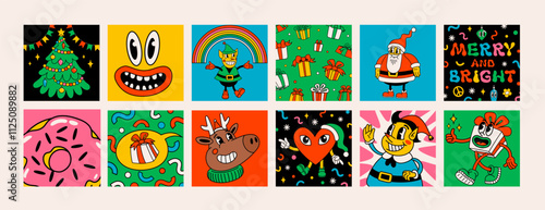 Retro style Christmas mini cards or stickers with groovy Christmas characters...