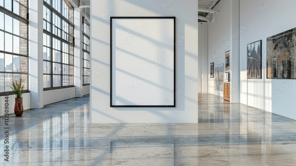 A modern art gallery with large windows and an empty frame awaiting artwork, creating a serene viewing space. A modern art gallery with large windows and an empty frame awaiting artwork, creating a serene viewing space.