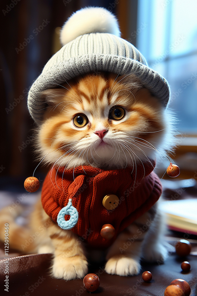 kitten in a hat, cartoon style