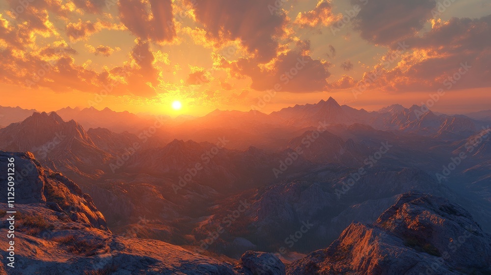 Naklejka premium Majestic Mountain Range Sunset Golden Hues
