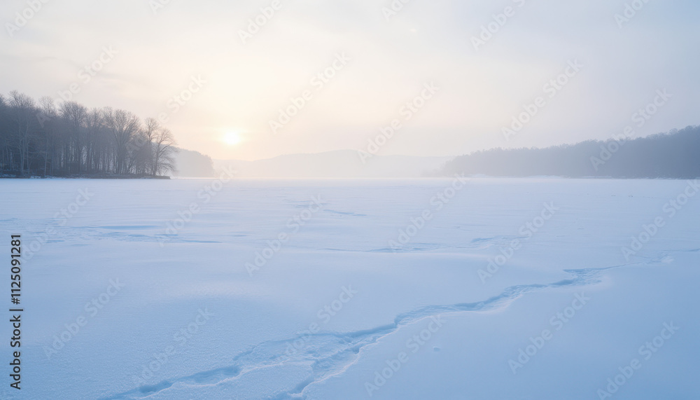Frozen lake landscape with soft sunlight and misty atmosphere at dawn Frozen lake landscape with soft sunlight and misty atmosphere at dawn