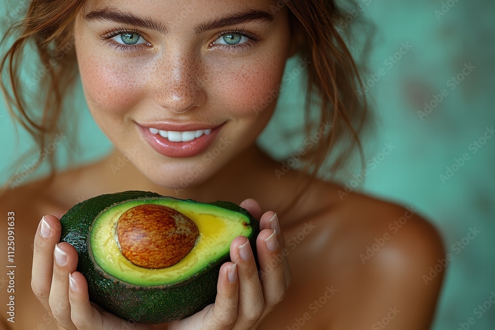 Young woman smiles while holding a fresh avocado in her hands with a vibrant background Young woman smiles while holding a fresh avocado in her hands with a vibrant background