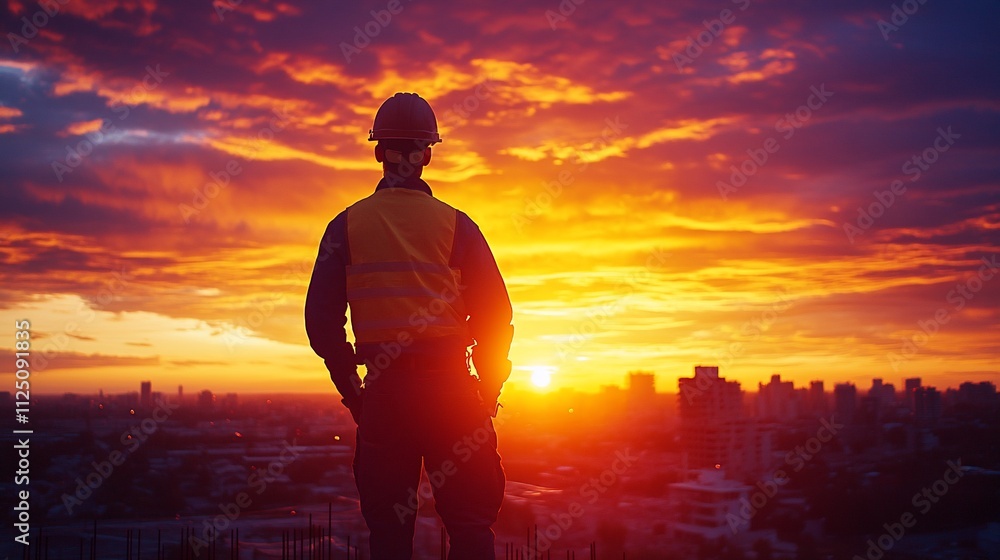 Construction worker silhouetted against a vibrant sunset over a cityscape. Construction worker silhouetted against a vibrant sunset over a cityscape.