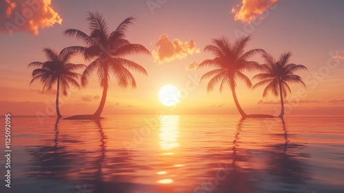 A stunning view of a beach at sunset, with silhouetted palm trees and the sun dipping below the horizon, casting golden reflections on the water