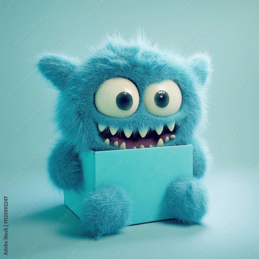 Cute blue furry monster in a box.