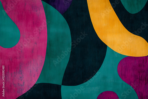 Organic shapes interwoven into a repeating pattern. Contemporary art style, bold color palette of teal, magenta, and mustard. Abstract background photo