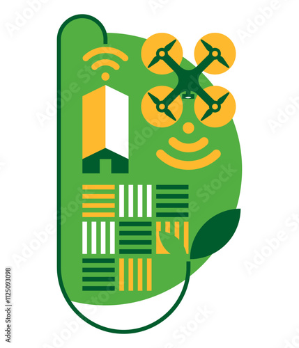 Smart Farming, using drones - geometric decoration, thin line and green color