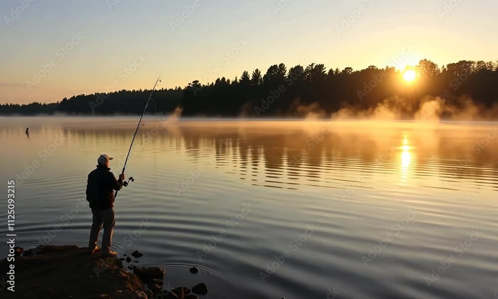 Sunrise Fishing: A Serene Moment on a Misty Lake Sunrise Fishing: A Serene Moment on a Misty Lake