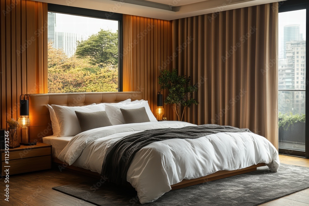 Fototapeta premium Stylish bedroom with automatic curtains opening to a beautiful morning view