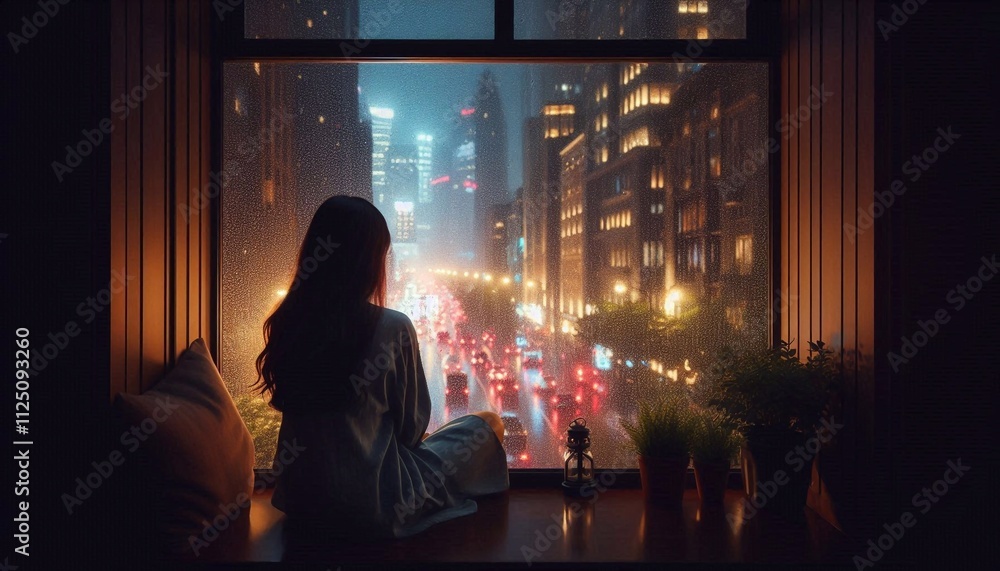 Woman looking out the window on a rainy day and raindrops clinging to the window glass on a high-rise building in the night city with cars running on the street. Woman looking out the window on a rainy day and raindrops clinging to the window glass on a high-rise building in the night city with cars running on the street.