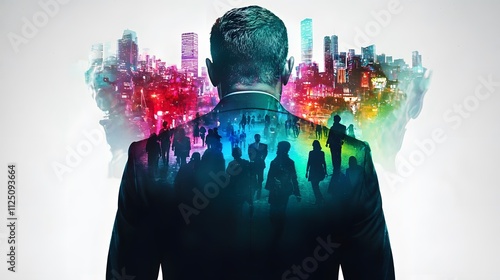 confident man in a suit with a double exposure of a vibrant cityscape filled with social events and romantic moments, symbolizing dating tips in a fast-paced world. [men's]:[dating advice]  photo