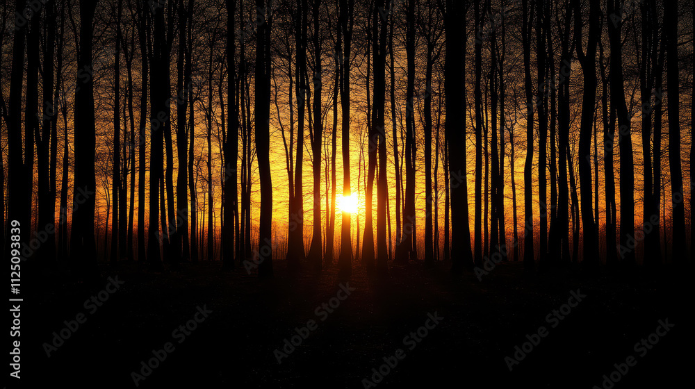 Fototapeta premium serene sunset behind tall trees creates tranquil atmosphere in forest. silhouettes of trees contrast beautifully with warm hues of setting sun, evoking sense of peace and reflection