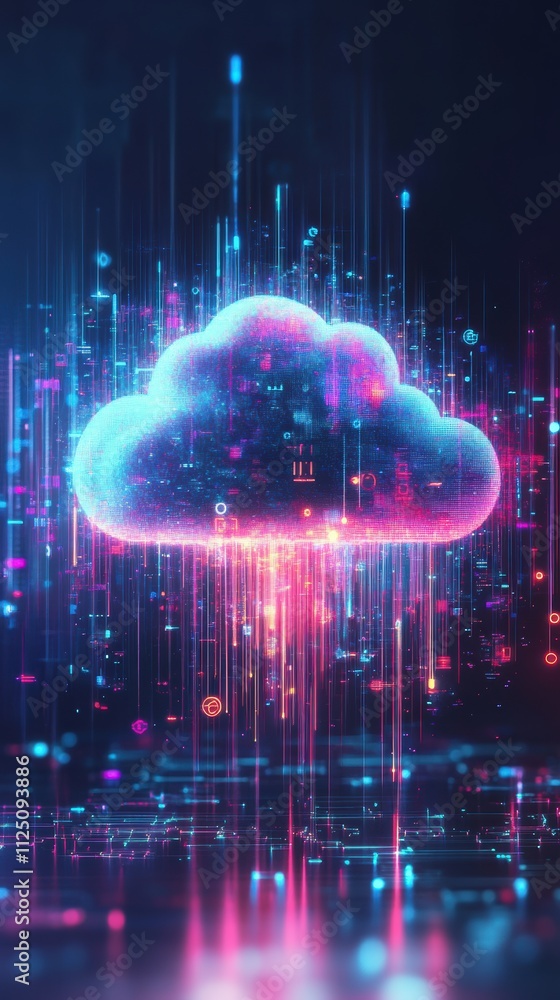 Abstract cloud data storage with floating symbols and neon accents Abstract cloud data storage with floating symbols and neon accents